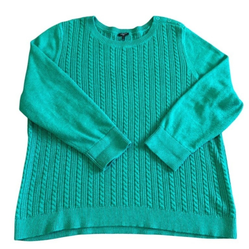 Talbots Sweater Womens 3X Cable Knit Green Button Shoulder Cotton Blend Pullover
